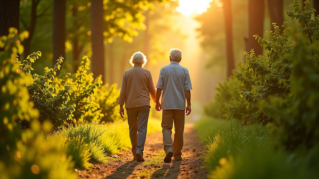 Seniores ir seniorės vaikščioja mišriu sodu sezoninio tako metu, saulėtos dienos metu